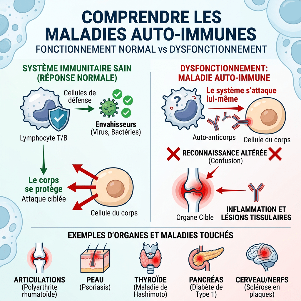 Diagram comparing healthy immune response and autoimmune disease with affected organs